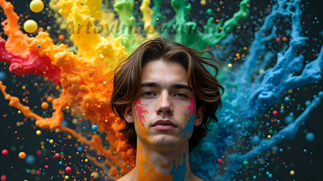 Paint Splat Fun - Hot men having fun with body paint. AI-generated abstract art featuring beautiful, handsome, sexy, shirtless, men, boys, lads, full of excitement joy and fun, covered in body paint, dynamic, interactive, Combining elements of realism with surreal abstract qualities, showcasing the potential of AI in artistic expression. Photos of guys, just smiling, happy, and having a good time. Most of them are smiling because a paint bomb just blow up next to them, so I'm calling is Abstract Art. When paint attacks and makes people happy, it's Art!