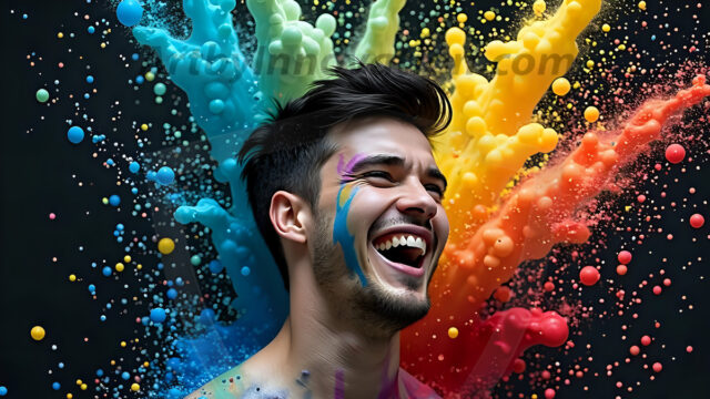 Paint Splat Fun - Hot men having fun with body paint. AI-generated abstract art featuring beautiful, handsome, sexy, shirtless, men, boys, lads, full of excitement joy and fun, covered in body paint, dynamic, interactive, Combining elements of realism with surreal abstract qualities, showcasing the potential of AI in artistic expression. Photos of guys, just smiling, happy, and having a good time. Most of them are smiling because a paint bomb just blow up next to them, so I'm calling is Abstract Art. When paint attacks and makes people happy, it's Art!