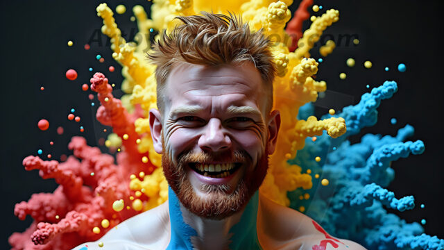 Paint Splat Fun - Hot men having fun with body paint. AI-generated abstract art featuring beautiful, handsome, sexy, shirtless, men, boys, lads, full of excitement joy and fun, covered in body paint, dynamic, interactive, Combining elements of realism with surreal abstract qualities, showcasing the potential of AI in artistic expression. Photos of guys, just smiling, happy, and having a good time. Most of them are smiling because a paint bomb just blow up next to them, so I'm calling is Abstract Art. When paint attacks and makes people happy, it's Art!
