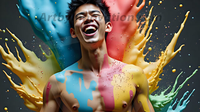 Paint Splat Fun - Hot men having fun with body paint. AI-generated abstract art featuring beautiful, handsome, sexy, shirtless, men, boys, lads, full of excitement joy and fun, covered in body paint, dynamic, interactive, Combining elements of realism with surreal abstract qualities, showcasing the potential of AI in artistic expression. Photos of guys, just smiling, happy, and having a good time. Most of them are smiling because a paint bomb just blow up next to them, so I'm calling is Abstract Art. When paint attacks and makes people happy, it's Art!