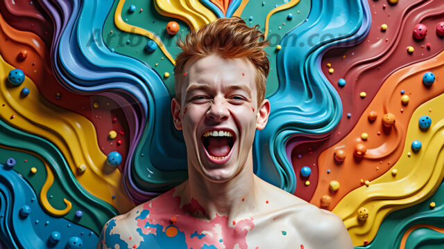Paint Splat Fun - Hot men having fun with body paint. AI-generated abstract art featuring beautiful, handsome, sexy, shirtless, men, boys, lads, full of excitement joy and fun, covered in body paint, dynamic, interactive, Combining elements of realism with surreal abstract qualities, showcasing the potential of AI in artistic expression. Photos of guys, just smiling, happy, and having a good time. Most of them are smiling because a paint bomb just blow up next to them, so I'm calling is Abstract Art. When paint attacks and makes people happy, it's Art!