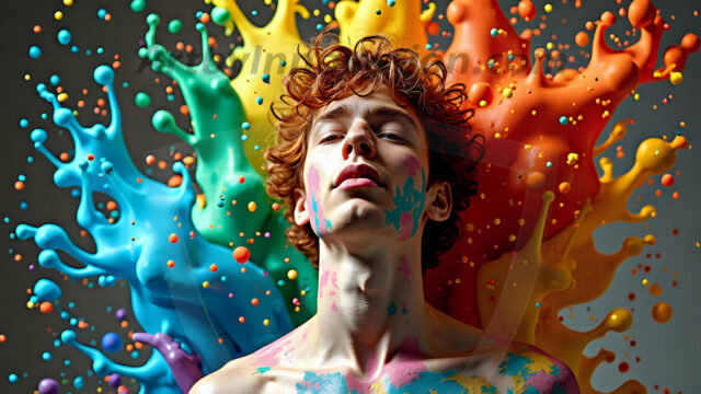 Paint Splat Fun - Hot men having fun with body paint. AI-generated abstract art featuring beautiful, handsome, sexy, shirtless, men, boys, lads, full of excitement joy and fun, covered in body paint, dynamic, interactive, Combining elements of realism with surreal abstract qualities, showcasing the potential of AI in artistic expression. Photos of guys, just smiling, happy, and having a good time. Most of them are smiling because a paint bomb just blow up next to them, so I'm calling is Abstract Art. When paint attacks and makes people happy, it's Art!