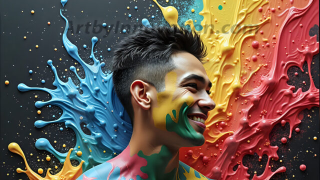 Paint Splat Fun - Hot men having fun with body paint. AI-generated abstract art featuring beautiful, handsome, sexy, shirtless, men, boys, lads, full of excitement joy and fun, covered in body paint, dynamic, interactive, Combining elements of realism with surreal abstract qualities, showcasing the potential of AI in artistic expression. Photos of guys, just smiling, happy, and having a good time. Most of them are smiling because a paint bomb just blow up next to them, so I'm calling is Abstract Art. When paint attacks and makes people happy, it's Art!