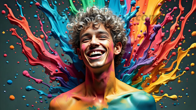 Paint Splat Fun - Hot men having fun with body paint. AI-generated abstract art featuring beautiful, handsome, sexy, shirtless, men, boys, lads, full of excitement joy and fun, covered in body paint, dynamic, interactive, Combining elements of realism with surreal abstract qualities, showcasing the potential of AI in artistic expression. Photos of guys, just smiling, happy, and having a good time. Most of them are smiling because a paint bomb just blow up next to them, so I'm calling is Abstract Art. When paint attacks and makes people happy, it's Art!