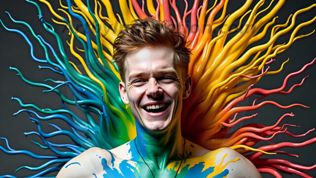 Paint Splat Fun - Hot men having fun with body paint. AI-generated abstract art featuring beautiful, handsome, sexy, shirtless, men, boys, lads, full of excitement joy and fun, covered in body paint, dynamic, interactive, Combining elements of realism with surreal abstract qualities, showcasing the potential of AI in artistic expression. Photos of guys, just smiling, happy, and having a good time. Most of them are smiling because a paint bomb just blow up next to them, so I'm calling is Abstract Art. When paint attacks and makes people happy, it's Art!