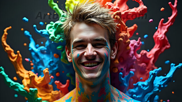 Paint Splat Fun - Hot men having fun with body paint. AI-generated abstract art featuring beautiful, handsome, sexy, shirtless, men, boys, lads, full of excitement joy and fun, covered in body paint, dynamic, interactive, Combining elements of realism with surreal abstract qualities, showcasing the potential of AI in artistic expression. Photos of guys, just smiling, happy, and having a good time. Most of them are smiling because a paint bomb just blow up next to them, so I'm calling is Abstract Art. When paint attacks and makes people happy, it's Art!