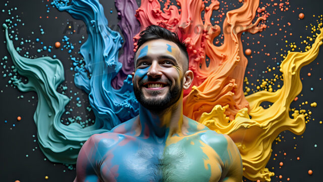 Paint Splat Fun - Hot men having fun with body paint. AI-generated abstract art featuring beautiful, handsome, sexy, shirtless, men, boys, lads, full of excitement joy and fun, covered in body paint, dynamic, interactive, Combining elements of realism with surreal abstract qualities, showcasing the potential of AI in artistic expression. Photos of guys, just smiling, happy, and having a good time. Most of them are smiling because a paint bomb just blow up next to them, so I'm calling is Abstract Art. When paint attacks and makes people happy, it's Art!