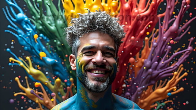 Paint Splat Fun - Hot men having fun with body paint. AI-generated abstract art featuring beautiful, handsome, sexy, shirtless, men, boys, lads, full of excitement joy and fun, covered in body paint, dynamic, interactive, Combining elements of realism with surreal abstract qualities, showcasing the potential of AI in artistic expression. Photos of guys, just smiling, happy, and having a good time. Most of them are smiling because a paint bomb just blow up next to them, so I'm calling is Abstract Art. When paint attacks and makes people happy, it's Art!