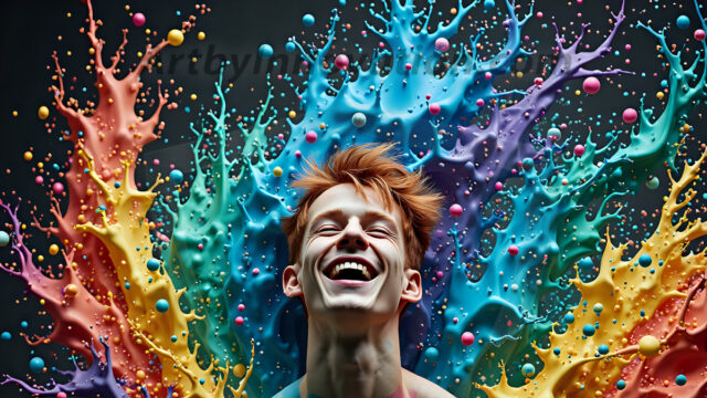 Paint Splat Fun - Hot men having fun with body paint. AI-generated abstract art featuring beautiful, handsome, sexy, shirtless, men, boys, lads, full of excitement joy and fun, covered in body paint, dynamic, interactive, Combining elements of realism with surreal abstract qualities, showcasing the potential of AI in artistic expression. Photos of guys, just smiling, happy, and having a good time. Most of them are smiling because a paint bomb just blow up next to them, so I'm calling is Abstract Art. When paint attacks and makes people happy, it's Art!