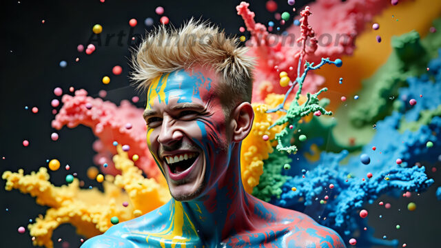 Paint Splat Fun - Hot men having fun with body paint. AI-generated abstract art featuring beautiful, handsome, sexy, shirtless, men, boys, lads, full of excitement joy and fun, covered in body paint, dynamic, interactive, Combining elements of realism with surreal abstract qualities, showcasing the potential of AI in artistic expression. Photos of guys, just smiling, happy, and having a good time. Most of them are smiling because a paint bomb just blow up next to them, so I'm calling is Abstract Art. When paint attacks and makes people happy, it's Art!