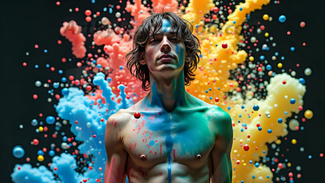 Paint Splat Fun - Hot men having fun with body paint. AI-generated abstract art featuring beautiful, handsome, sexy, shirtless, men, boys, lads, full of excitement joy and fun, covered in body paint, dynamic, interactive, Combining elements of realism with surreal abstract qualities, showcasing the potential of AI in artistic expression. Photos of guys, just smiling, happy, and having a good time. Most of them are smiling because a paint bomb just blow up next to them, so I'm calling is Abstract Art. When paint attacks and makes people happy, it's Art!