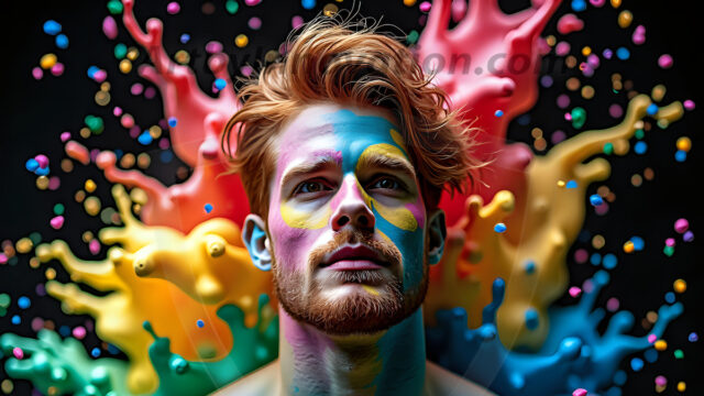 Paint Splat Fun - Hot men having fun with body paint. AI-generated abstract art featuring beautiful, handsome, sexy, shirtless, men, boys, lads, full of excitement joy and fun, covered in body paint, dynamic, interactive, Combining elements of realism with surreal abstract qualities, showcasing the potential of AI in artistic expression. Photos of guys, just smiling, happy, and having a good time. Most of them are smiling because a paint bomb just blow up next to them, so I'm calling is Abstract Art. When paint attacks and makes people happy, it's Art!