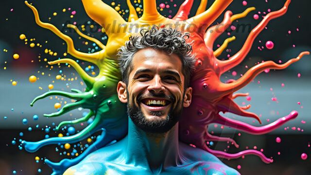 Paint Splat Fun - Hot men having fun with body paint. AI-generated abstract art featuring beautiful, handsome, sexy, shirtless, men, boys, lads, full of excitement joy and fun, covered in body paint, dynamic, interactive, Combining elements of realism with surreal abstract qualities, showcasing the potential of AI in artistic expression. Photos of guys, just smiling, happy, and having a good time. Most of them are smiling because a paint bomb just blow up next to them, so I'm calling is Abstract Art. When paint attacks and makes people happy, it's Art!