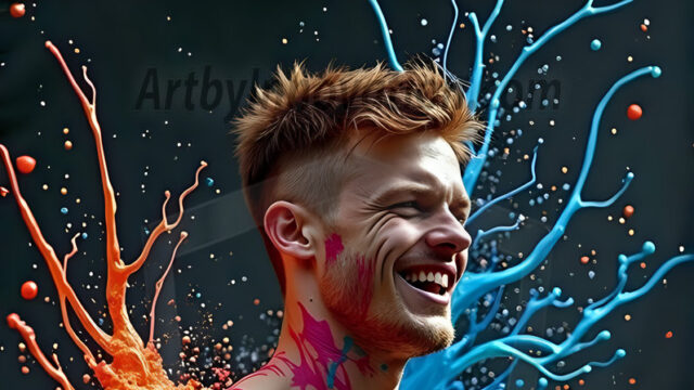 Paint Splat Fun - Hot men having fun with body paint. AI-generated abstract art featuring beautiful, handsome, sexy, shirtless, men, boys, lads, full of excitement joy and fun, covered in body paint, dynamic, interactive, Combining elements of realism with surreal abstract qualities, showcasing the potential of AI in artistic expression. Photos of guys, just smiling, happy, and having a good time. Most of them are smiling because a paint bomb just blow up next to them, so I'm calling is Abstract Art. When paint attacks and makes people happy, it's Art!