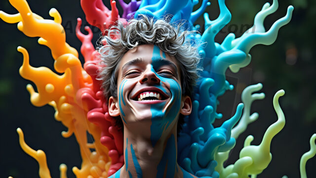 Paint Splat Fun - Hot men having fun with body paint. AI-generated abstract art featuring beautiful, handsome, sexy, shirtless, men, boys, lads, full of excitement joy and fun, covered in body paint, dynamic, interactive, Combining elements of realism with surreal abstract qualities, showcasing the potential of AI in artistic expression. Photos of guys, just smiling, happy, and having a good time. Most of them are smiling because a paint bomb just blow up next to them, so I'm calling is Abstract Art. When paint attacks and makes people happy, it's Art!