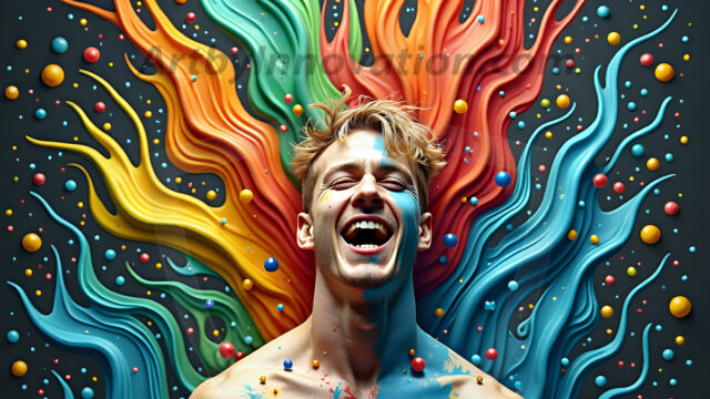 Paint Splat Fun - Hot men having fun with body paint. AI-generated abstract art featuring beautiful, handsome, sexy, shirtless, men, boys, lads, full of excitement joy and fun, covered in body paint, dynamic, interactive, Combining elements of realism with surreal abstract qualities, showcasing the potential of AI in artistic expression. Photos of guys, just smiling, happy, and having a good time. Most of them are smiling because a paint bomb just blow up next to them, so I'm calling is Abstract Art. When paint attacks and makes people happy, it's Art!