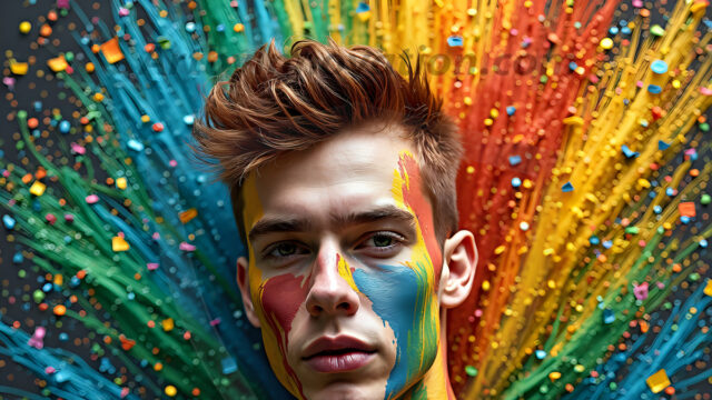 Paint Splat Fun - Hot men having fun with body paint. AI-generated abstract art featuring beautiful, handsome, sexy, shirtless, men, boys, lads, full of excitement joy and fun, covered in body paint, dynamic, interactive, Combining elements of realism with surreal abstract qualities, showcasing the potential of AI in artistic expression. Photos of guys, just smiling, happy, and having a good time. Most of them are smiling because a paint bomb just blow up next to them, so I'm calling is Abstract Art. When paint attacks and makes people happy, it's Art!