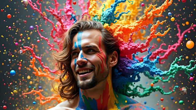 Paint Splat Fun - Hot men having fun with body paint. AI-generated abstract art featuring beautiful, handsome, sexy, shirtless, men, boys, lads, full of excitement joy and fun, covered in body paint, dynamic, interactive, Combining elements of realism with surreal abstract qualities, showcasing the potential of AI in artistic expression. Photos of guys, just smiling, happy, and having a good time. Most of them are smiling because a paint bomb just blow up next to them, so I'm calling is Abstract Art. When paint attacks and makes people happy, it's Art!