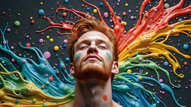 Paint Splat Fun - Hot men having fun with body paint. AI-generated abstract art featuring beautiful, handsome, sexy, shirtless, men, boys, lads, full of excitement joy and fun, covered in body paint, dynamic, interactive, Combining elements of realism with surreal abstract qualities, showcasing the potential of AI in artistic expression. Photos of guys, just smiling, happy, and having a good time. Most of them are smiling because a paint bomb just blow up next to them, so I'm calling is Abstract Art. When paint attacks and makes people happy, it's Art!