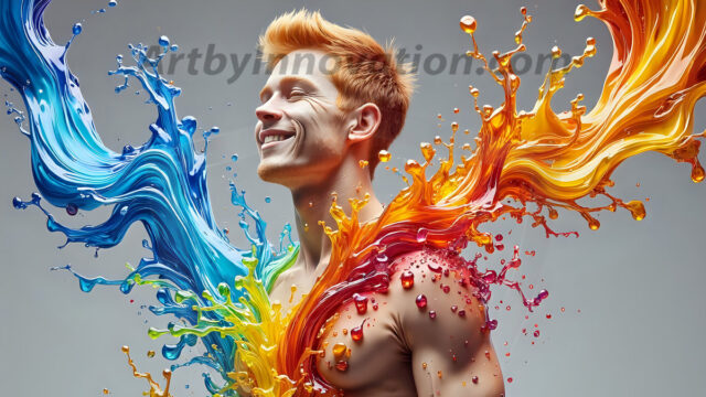 Paint Splat Fun - Hot men having fun with body paint. AI-generated abstract art featuring beautiful, handsome, sexy, shirtless, men, boys, lads, full of excitement joy and fun, covered in body paint, dynamic, interactive, Combining elements of realism with surreal abstract qualities, showcasing the potential of AI in artistic expression. Photos of guys, just smiling, happy, and having a good time. Most of them are smiling because a paint bomb just blow up next to them, so I'm calling is Abstract Art. When paint attacks and makes people happy, it's Art!
