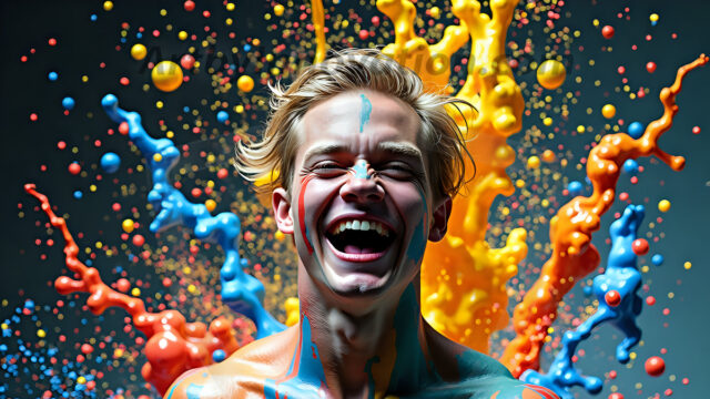 Paint Splat Fun - Hot men having fun with body paint. AI-generated abstract art featuring beautiful, handsome, sexy, shirtless, men, boys, lads, full of excitement joy and fun, covered in body paint, dynamic, interactive, Combining elements of realism with surreal abstract qualities, showcasing the potential of AI in artistic expression. Photos of guys, just smiling, happy, and having a good time. Most of them are smiling because a paint bomb just blow up next to them, so I'm calling is Abstract Art. When paint attacks and makes people happy, it's Art!