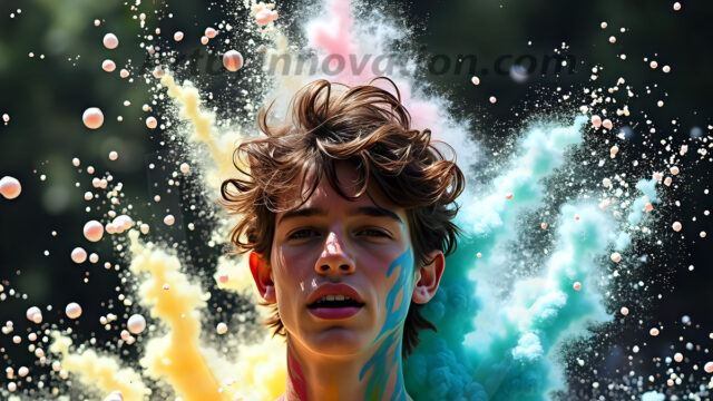 Paint Splat Fun - Hot men having fun with body paint. AI-generated abstract art featuring beautiful, handsome, sexy, shirtless, men, boys, lads, full of excitement joy and fun, covered in body paint, dynamic, interactive, Combining elements of realism with surreal abstract qualities, showcasing the potential of AI in artistic expression. Photos of guys, just smiling, happy, and having a good time. Most of them are smiling because a paint bomb just blow up next to them, so I'm calling is Abstract Art. When paint attacks and makes people happy, it's Art!