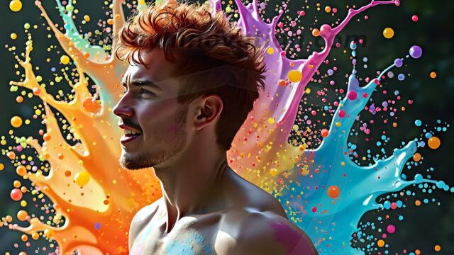 Paint Splat Fun - Hot men having fun with body paint. AI-generated abstract art featuring beautiful, handsome, sexy, shirtless, men, boys, lads, full of excitement joy and fun, covered in body paint, dynamic, interactive, Combining elements of realism with surreal abstract qualities, showcasing the potential of AI in artistic expression. Photos of guys, just smiling, happy, and having a good time. Most of them are smiling because a paint bomb just blow up next to them, so I'm calling is Abstract Art. When paint attacks and makes people happy, it's Art!