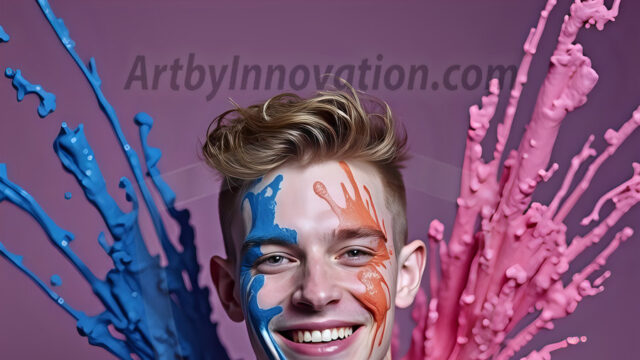 Paint Splat Fun - Hot men having fun with body paint. AI-generated abstract art featuring beautiful, handsome, sexy, shirtless, men, boys, lads, full of excitement joy and fun, covered in body paint, dynamic, interactive, Combining elements of realism with surreal abstract qualities, showcasing the potential of AI in artistic expression. Photos of guys, just smiling, happy, and having a good time. Most of them are smiling because a paint bomb just blow up next to them, so I'm calling is Abstract Art. When paint attacks and makes people happy, it's Art!