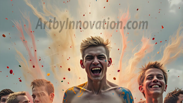 Paint Splat Fun - Hot men having fun with body paint. AI-generated abstract art featuring beautiful, handsome, sexy, shirtless, men, boys, lads, full of excitement joy and fun, covered in body paint, dynamic, interactive, Combining elements of realism with surreal abstract qualities, showcasing the potential of AI in artistic expression. Photos of guys, just smiling, happy, and having a good time. Most of them are smiling because a paint bomb just blow up next to them, so I'm calling is Abstract Art. When paint attacks and makes people happy, it's Art!
