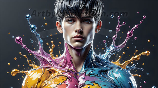 Paint Splat Fun - Hot men having fun with body paint. AI-generated abstract art featuring beautiful, handsome, sexy, shirtless, men, boys, lads, full of excitement joy and fun, covered in body paint, dynamic, interactive, Combining elements of realism with surreal abstract qualities, showcasing the potential of AI in artistic expression. Photos of guys, just smiling, happy, and having a good time. Most of them are smiling because a paint bomb just blow up next to them, so I'm calling is Abstract Art. When paint attacks and makes people happy, it's Art!