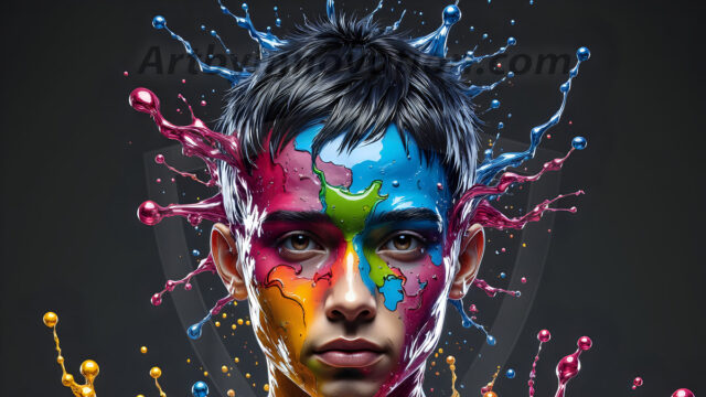 Paint Splat Fun - Hot men having fun with body paint. AI-generated abstract art featuring beautiful, handsome, sexy, shirtless, men, boys, lads, full of excitement joy and fun, covered in body paint, dynamic, interactive, Combining elements of realism with surreal abstract qualities, showcasing the potential of AI in artistic expression. Photos of guys, just smiling, happy, and having a good time. Most of them are smiling because a paint bomb just blow up next to them, so I'm calling is Abstract Art. When paint attacks and makes people happy, it's Art!