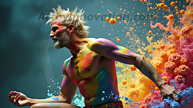 Paint Splat Fun - Hot men having fun with body paint. AI-generated abstract art featuring beautiful, handsome, sexy, shirtless, men, boys, lads, full of excitement joy and fun, covered in body paint, dynamic, interactive, Combining elements of realism with surreal abstract qualities, showcasing the potential of AI in artistic expression. Photos of guys, just smiling, happy, and having a good time. Most of them are smiling because a paint bomb just blow up next to them, so I'm calling is Abstract Art. When paint attacks and makes people happy, it's Art!