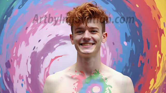 Paint Splat Fun - Hot men having fun with body paint. AI-generated abstract art featuring beautiful, handsome, sexy, shirtless, men, boys, lads, full of excitement joy and fun, covered in body paint, dynamic, interactive, Combining elements of realism with surreal abstract qualities, showcasing the potential of AI in artistic expression. Photos of guys, just smiling, happy, and having a good time. Most of them are smiling because a paint bomb just blow up next to them, so I'm calling is Abstract Art. When paint attacks and makes people happy, it's Art!