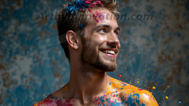 Paint Splat Fun - Hot men having fun with body paint. AI-generated abstract art featuring beautiful, handsome, sexy, shirtless, men, boys, lads, full of excitement joy and fun, covered in body paint, dynamic, interactive, Combining elements of realism with surreal abstract qualities, showcasing the potential of AI in artistic expression. Photos of guys, just smiling, happy, and having a good time. Most of them are smiling because a paint bomb just blow up next to them, so I'm calling is Abstract Art. When paint attacks and makes people happy, it's Art!