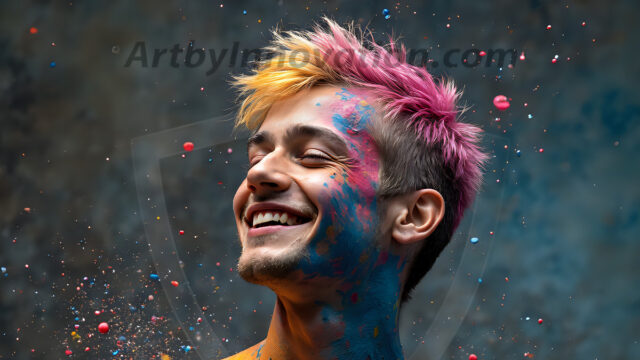 Paint Splat Fun - Hot men having fun with body paint. AI-generated abstract art featuring beautiful, handsome, sexy, shirtless, men, boys, lads, full of excitement joy and fun, covered in body paint, dynamic, interactive, Combining elements of realism with surreal abstract qualities, showcasing the potential of AI in artistic expression. Photos of guys, just smiling, happy, and having a good time. Most of them are smiling because a paint bomb just blow up next to them, so I'm calling is Abstract Art. When paint attacks and makes people happy, it's Art!