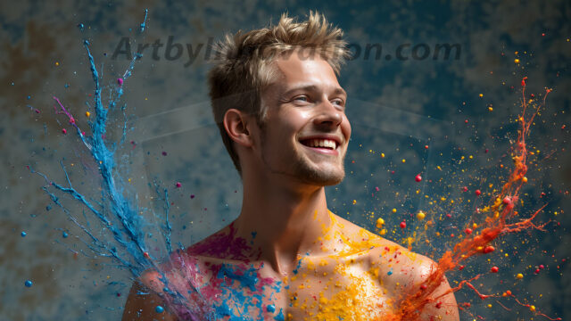 Paint Splat Fun - Hot men having fun with body paint. AI-generated abstract art featuring beautiful, handsome, sexy, shirtless, men, boys, lads, full of excitement joy and fun, covered in body paint, dynamic, interactive, Combining elements of realism with surreal abstract qualities, showcasing the potential of AI in artistic expression. Photos of guys, just smiling, happy, and having a good time. Most of them are smiling because a paint bomb just blow up next to them, so I'm calling is Abstract Art. When paint attacks and makes people happy, it's Art!