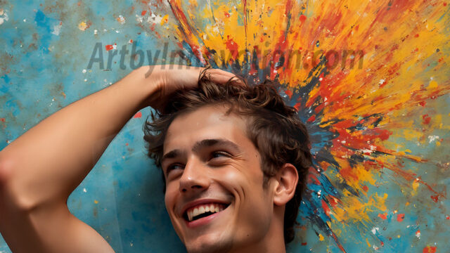 Paint Splat Fun - Hot men having fun with body paint. AI-generated abstract art featuring beautiful, handsome, sexy, shirtless, men, boys, lads, full of excitement joy and fun, covered in body paint, dynamic, interactive, Combining elements of realism with surreal abstract qualities, showcasing the potential of AI in artistic expression. Photos of guys, just smiling, happy, and having a good time. Most of them are smiling because a paint bomb just blow up next to them, so I'm calling is Abstract Art. When paint attacks and makes people happy, it's Art!