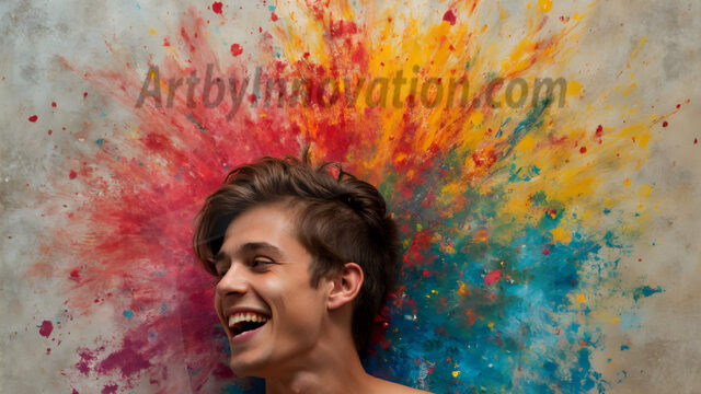 Paint Splat Fun - Hot men having fun with body paint. AI-generated abstract art featuring beautiful, handsome, sexy, shirtless, men, boys, lads, full of excitement joy and fun, covered in body paint, dynamic, interactive, Combining elements of realism with surreal abstract qualities, showcasing the potential of AI in artistic expression. Photos of guys, just smiling, happy, and having a good time. Most of them are smiling because a paint bomb just blow up next to them, so I'm calling is Abstract Art. When paint attacks and makes people happy, it's Art!