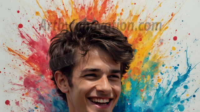 Paint Splat Fun - Hot men having fun with body paint. AI-generated abstract art featuring beautiful, handsome, sexy, shirtless, men, boys, lads, full of excitement joy and fun, covered in body paint, dynamic, interactive, Combining elements of realism with surreal abstract qualities, showcasing the potential of AI in artistic expression. Photos of guys, just smiling, happy, and having a good time. Most of them are smiling because a paint bomb just blow up next to them, so I'm calling is Abstract Art. When paint attacks and makes people happy, it's Art!