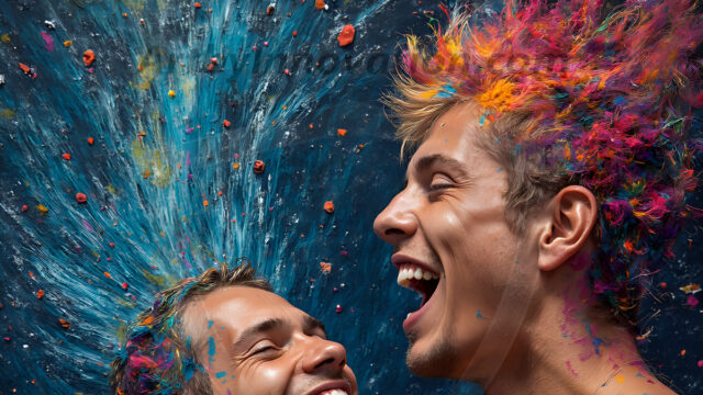 Paint Splat Fun - Hot men having fun with body paint. AI-generated abstract art featuring beautiful, handsome, sexy, shirtless, men, boys, lads, full of excitement joy and fun, covered in body paint, dynamic, interactive, Combining elements of realism with surreal abstract qualities, showcasing the potential of AI in artistic expression. Photos of guys, just smiling, happy, and having a good time. Most of them are smiling because a paint bomb just blow up next to them, so I'm calling is Abstract Art. When paint attacks and makes people happy, it's Art!