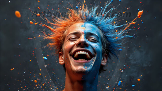 Paint Splat Fun - Hot men having fun with body paint. AI-generated abstract art featuring beautiful, handsome, sexy, shirtless, men, boys, lads, full of excitement joy and fun, covered in body paint, dynamic, interactive, Combining elements of realism with surreal abstract qualities, showcasing the potential of AI in artistic expression. Photos of guys, just smiling, happy, and having a good time. Most of them are smiling because a paint bomb just blow up next to them, so I'm calling is Abstract Art. When paint attacks and makes people happy, it's Art!