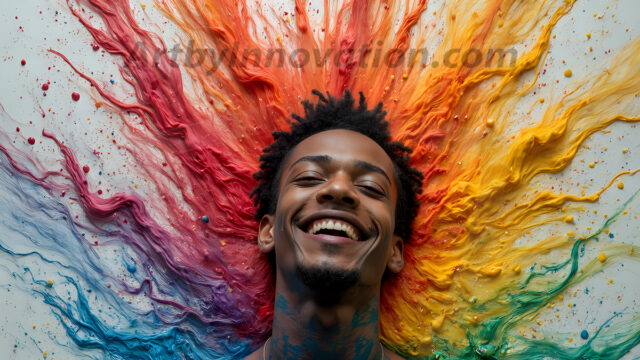 Paint Splat Fun - Hot men having fun with body paint. AI-generated abstract art featuring beautiful, handsome, sexy, shirtless, men, boys, lads, full of excitement joy and fun, covered in body paint, dynamic, interactive, Combining elements of realism with surreal abstract qualities, showcasing the potential of AI in artistic expression. Photos of guys, just smiling, happy, and having a good time. Most of them are smiling because a paint bomb just blow up next to them, so I'm calling is Abstract Art. When paint attacks and makes people happy, it's Art!