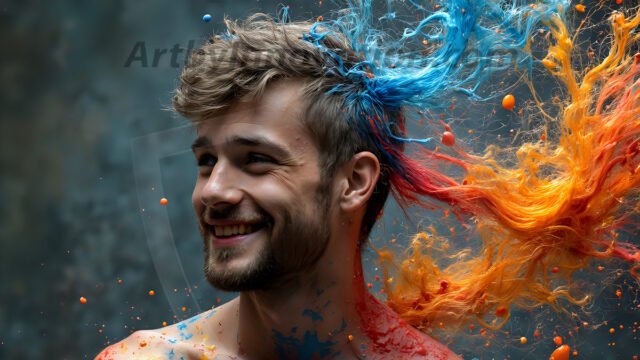Paint Splat Fun - Hot men having fun with body paint. AI-generated abstract art featuring beautiful, handsome, sexy, shirtless, men, boys, lads, full of excitement joy and fun, covered in body paint, dynamic, interactive, Combining elements of realism with surreal abstract qualities, showcasing the potential of AI in artistic expression. Photos of guys, just smiling, happy, and having a good time. Most of them are smiling because a paint bomb just blow up next to them, so I'm calling is Abstract Art. When paint attacks and makes people happy, it's Art!