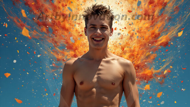 Paint Splat Fun - Hot men having fun with body paint. AI-generated abstract art featuring beautiful, handsome, sexy, shirtless, men, boys, lads, full of excitement joy and fun, covered in body paint, dynamic, interactive, Combining elements of realism with surreal abstract qualities, showcasing the potential of AI in artistic expression. Photos of guys, just smiling, happy, and having a good time. Most of them are smiling because a paint bomb just blow up next to them, so I'm calling is Abstract Art. When paint attacks and makes people happy, it's Art!