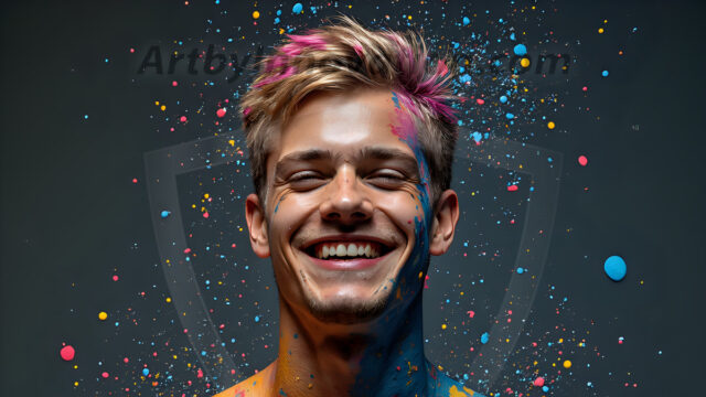Paint Splat Fun - Hot men having fun with body paint. AI-generated abstract art featuring beautiful, handsome, sexy, shirtless, men, boys, lads, full of excitement joy and fun, covered in body paint, dynamic, interactive, Combining elements of realism with surreal abstract qualities, showcasing the potential of AI in artistic expression. Photos of guys, just smiling, happy, and having a good time. Most of them are smiling because a paint bomb just blow up next to them, so I'm calling is Abstract Art. When paint attacks and makes people happy, it's Art!