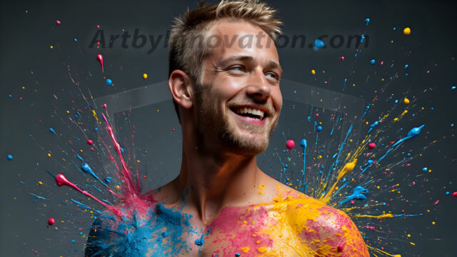 Paint Splat Fun - Hot men having fun with body paint. AI-generated abstract art featuring beautiful, handsome, sexy, shirtless, men, boys, lads, full of excitement joy and fun, covered in body paint, dynamic, interactive, Combining elements of realism with surreal abstract qualities, showcasing the potential of AI in artistic expression. Photos of guys, just smiling, happy, and having a good time. Most of them are smiling because a paint bomb just blow up next to them, so I'm calling is Abstract Art. When paint attacks and makes people happy, it's Art!