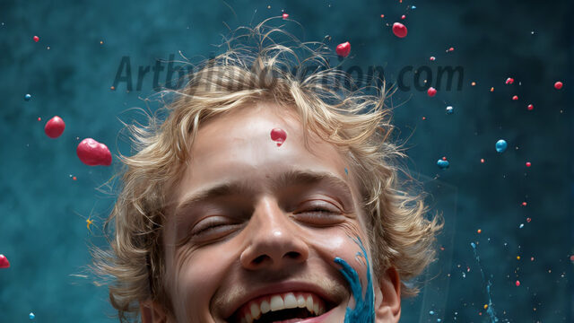 Paint Splat Fun - Hot men having fun with body paint. AI-generated abstract art featuring beautiful, handsome, sexy, shirtless, men, boys, lads, full of excitement joy and fun, covered in body paint, dynamic, interactive, Combining elements of realism with surreal abstract qualities, showcasing the potential of AI in artistic expression. Photos of guys, just smiling, happy, and having a good time. Most of them are smiling because a paint bomb just blow up next to them, so I'm calling is Abstract Art. When paint attacks and makes people happy, it's Art!