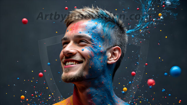 Paint Splat Fun - Hot men having fun with body paint. AI-generated abstract art featuring beautiful, handsome, sexy, shirtless, men, boys, lads, full of excitement joy and fun, covered in body paint, dynamic, interactive, Combining elements of realism with surreal abstract qualities, showcasing the potential of AI in artistic expression. Photos of guys, just smiling, happy, and having a good time. Most of them are smiling because a paint bomb just blow up next to them, so I'm calling is Abstract Art. When paint attacks and makes people happy, it's Art!