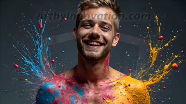 Paint Splat Fun - Hot men having fun with body paint. AI-generated abstract art featuring beautiful, handsome, sexy, shirtless, men, boys, lads, full of excitement joy and fun, covered in body paint, dynamic, interactive, Combining elements of realism with surreal abstract qualities, showcasing the potential of AI in artistic expression. Photos of guys, just smiling, happy, and having a good time. Most of them are smiling because a paint bomb just blow up next to them, so I'm calling is Abstract Art. When paint attacks and makes people happy, it's Art!