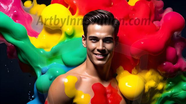 Paint Splat Fun - Hot men having fun with body paint. AI-generated abstract art featuring beautiful, handsome, sexy, shirtless, men, boys, lads, full of excitement joy and fun, covered in body paint, dynamic, interactive, Combining elements of realism with surreal abstract qualities, showcasing the potential of AI in artistic expression. Photos of guys, just smiling, happy, and having a good time. Most of them are smiling because a paint bomb just blow up next to them, so I'm calling is Abstract Art. When paint attacks and makes people happy, it's Art!